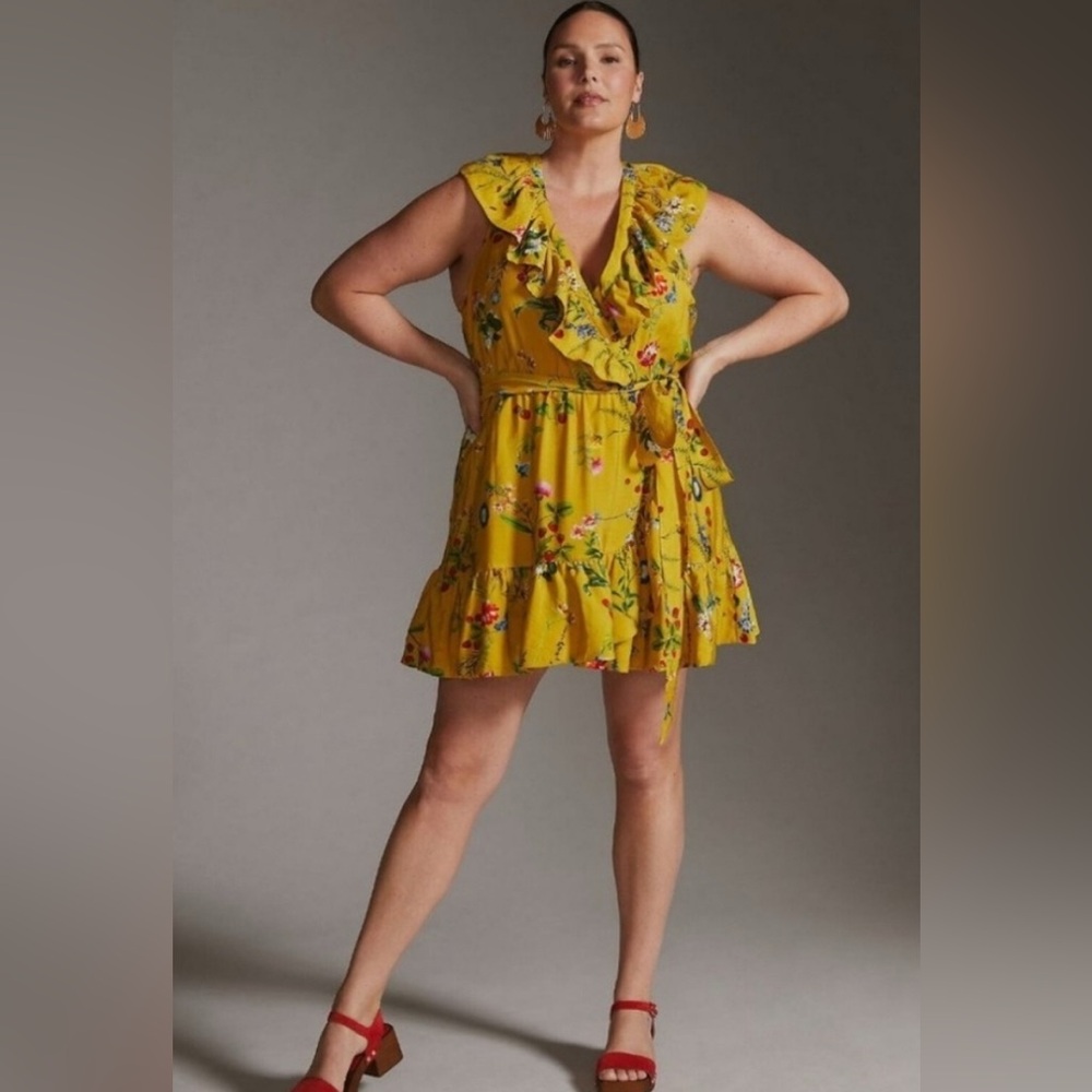 NWT Anthropologie Maeve Floral Wrap Mini Ruffle Dress in Gold Yellow Size 2X